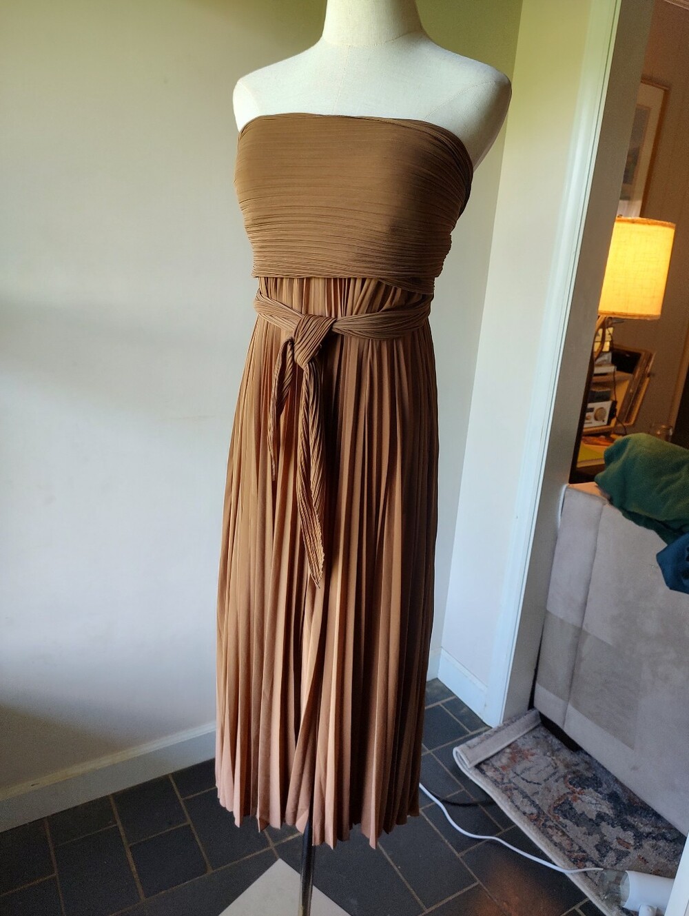 Ronny Kobo Strapless Pleated Coco Brown Maxi Dress Adjustable Drape L